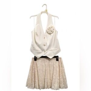 Off-White Halter Vest with Cream Lace Skirt